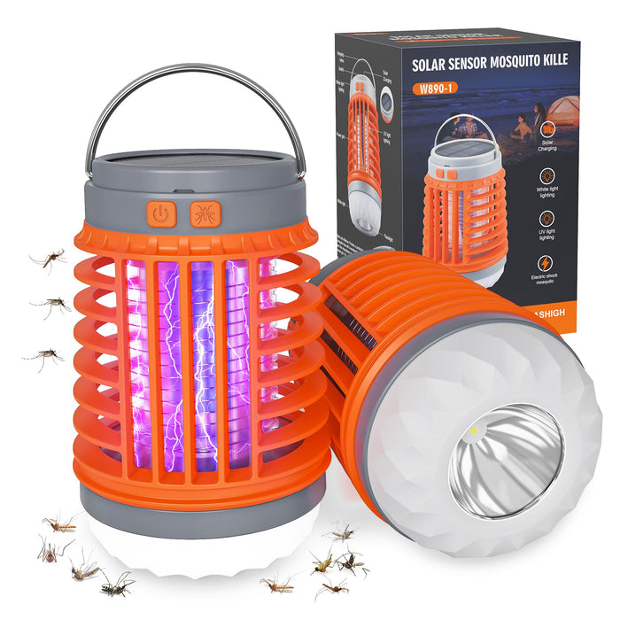 Solar Bug Zapper Outdoor Waterproof Mosquito Zapper for Patio Home Camping, 3 in 1 Cordless Rechargeable Mosquito Repellent Outdoor Patio Flashlight, Mosquito Killer Indoor - Orange, 2 PCS Pack White