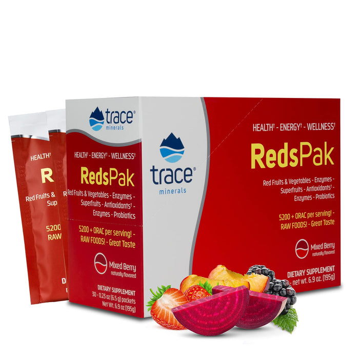 Trace Minerals | Reds Pak | Super Foods Powder Drink Mix Dietary Supplement | Polyphenols, Antioxidants, Fruits, Vegetables, Probiotics | Gut and Energy Support | Mixed Berry Flavor | 30 Packets