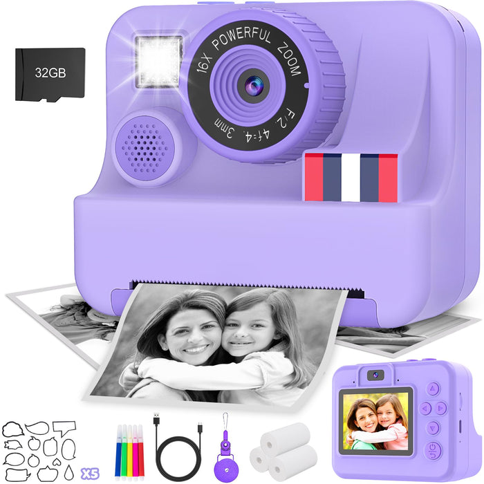 Yosfeng Instant Print Camera for Kids - Christmas Birthday Girls Gifts for Age 3 4 5 6 7 8 9 10 Year Old, 2.4 Inch Screen Kids Instant Camera, Toddler Camera Toys for Age 3-12 with 32 GB SD Card