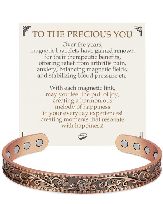 Feraco Pure Copper Bracelets for Women Pain Relief, 12X Enhanced Strength Magnetic Cuff Bangle for Women, 3800 Gauss Neodymium Magnets, Adjustable (Rosevine)