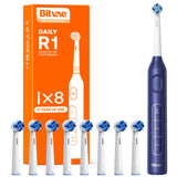 Bitvae R1 Rotating Electric Toothbrush with 8 Brush Heads for Adults and Kids, 60-Day Battery Life, 5 Modes Rechargeable Power Toothbrush with 2-Minute Smart Timer, Dark Blue