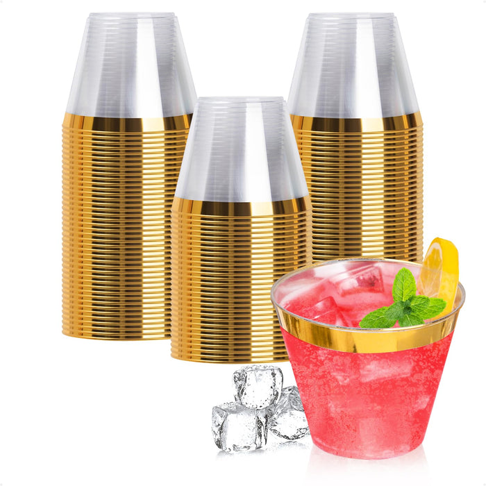 Goodluck 100PCS 9oz Gold Plastic Cups for Party, Disposable Gold Rim Cups, Plastic Cocktail Glasses for Wedding Thanksgiving, Christmas, and Parties