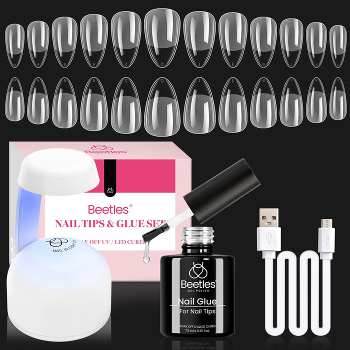 Beetles Gel Nail Kit Amond Shape - 504Pcs Gel Nail Kit Easy Extension Set Etch X Nail Tips Short Almond Half Matte Nail Tips 9 in 1 Glue Uv Led Light Gift for Women