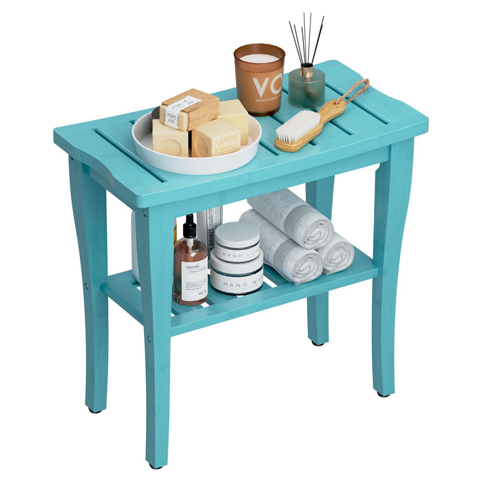 Bamboo Shower Bench Stool with Storage Shelf, Waterproof Shower Chair Spa Bath Seat, Shower Stool for Inside, Bathroom Bench Seat for Adults Elderly Seniors for Indoor or Outdoor Use(Sky Blue)