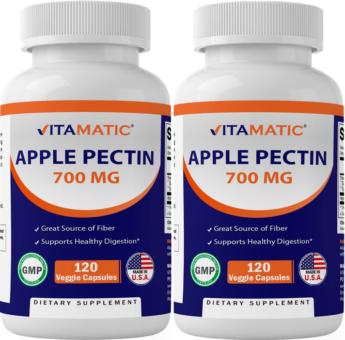 Vitamatic 2 Pack Apple Pectin 700 mg 120 Vegetarian Capsules - Dietary Fiber - Promotes Healthy Intestinal Health*