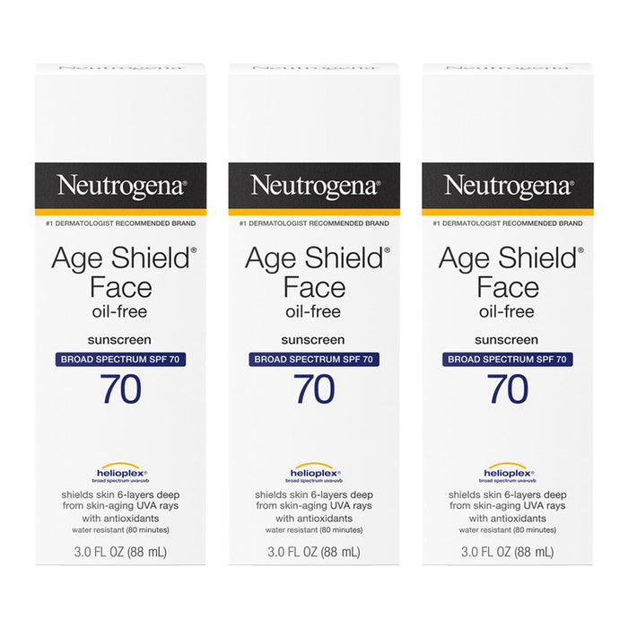 Neutrogena Age Shield Face Oil-Free Sunscreen Lotion with Broad Spectrum SPF 70, Non-Comedogenic Moisturizing Sunscreen to Help Prevent Signs of Aging, PABA-Free, 3 fl. oz (Pack of 3)