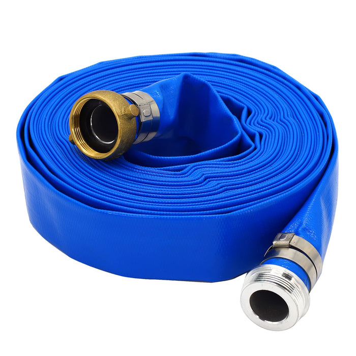 DAVCO 2" ID × 100 ft Pool Backwash Hose, Heavy Duty Reinforced Blue PVC Lay Flat Water Discharge Pump Hoses For Swimming Drain Pools and Clean Filters, With Aluminum Pin Lug Fittings