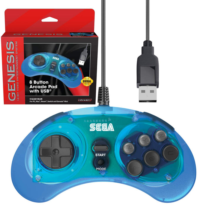 Retro-Bit Official Sega Genesis USB Controller 8-Button Arcade Pad for Sega Genesis Mini, Switch, PC, Mac, Steam, RetroPie, Raspberry Pi - USB Port - (Clear Blue)