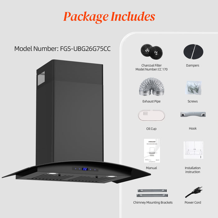 FIREGAS Range Hood 30 inch, 600 CFM Wall Mount Glass Kitchen Hood Ducted/Ductless Convertible with 3-Speed Fan, Screen Control, Time Setting, LED Lights, Black Painted Stainless Steel Vent Hood