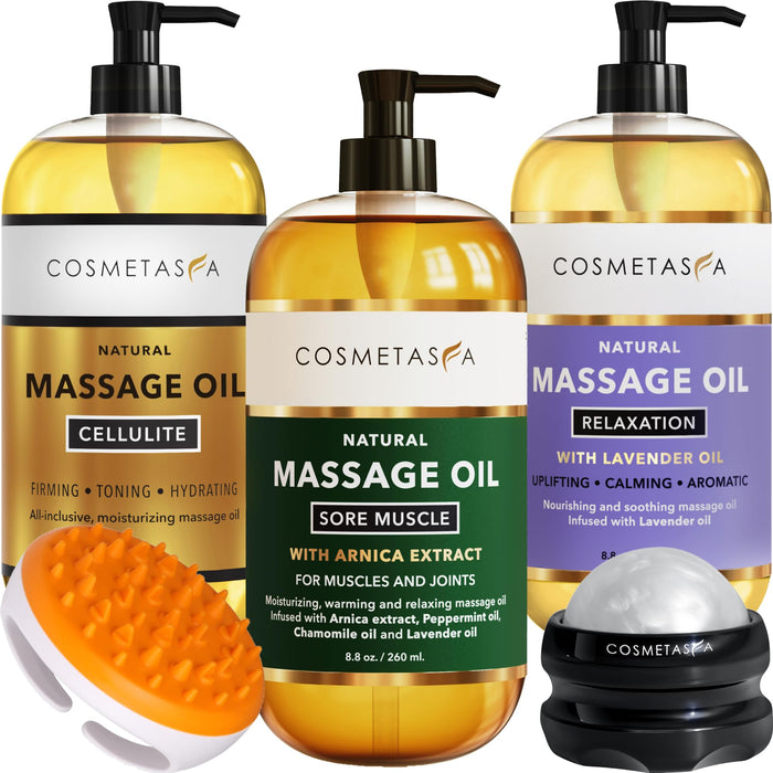 Cellulite, Sore Muscle & Lavender Relaxation Massage Oils with Roller Massage Ball and Massager Mitt- Perfect Spa Gift Set
