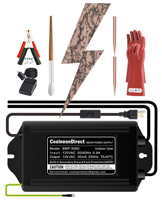Coolneon Lichtenberg Machine Kit 10kVAC Neon Sign Transformer Rods Clamps Brush Gloves Foot Switch Fractal Wood Burning Machine Set Not Led Neon Power Supply Device Burner High Voltage 10000V
