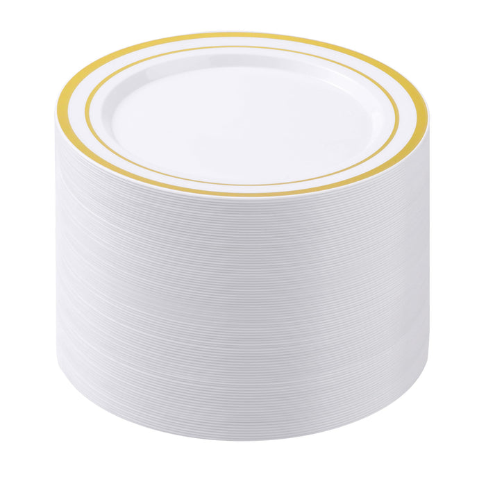 BESTSTAR 100PCS White Plastic Plates for Party, 10.25 Inch Disposable Plates with Gold Rim, Heavy Duty Dinner Plates for Christmas, Thanksgiving, Party, Wedding and Birthday