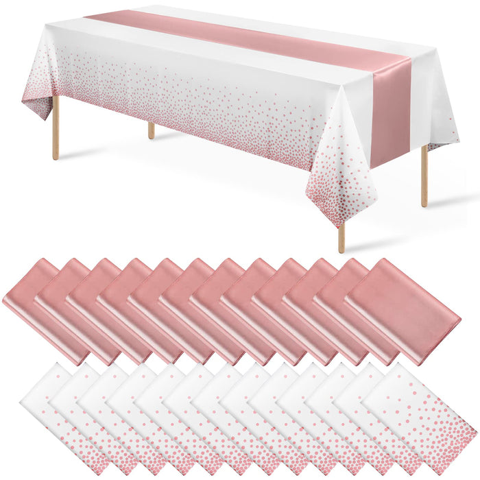 MASHAN 24 Pack White and Rose Gold Tablecloth Set - Rectangular PEVA Tablecloths and Satin Table Runners for Wedding, Baby Shower, Anniversary, Christmas, New Year Party