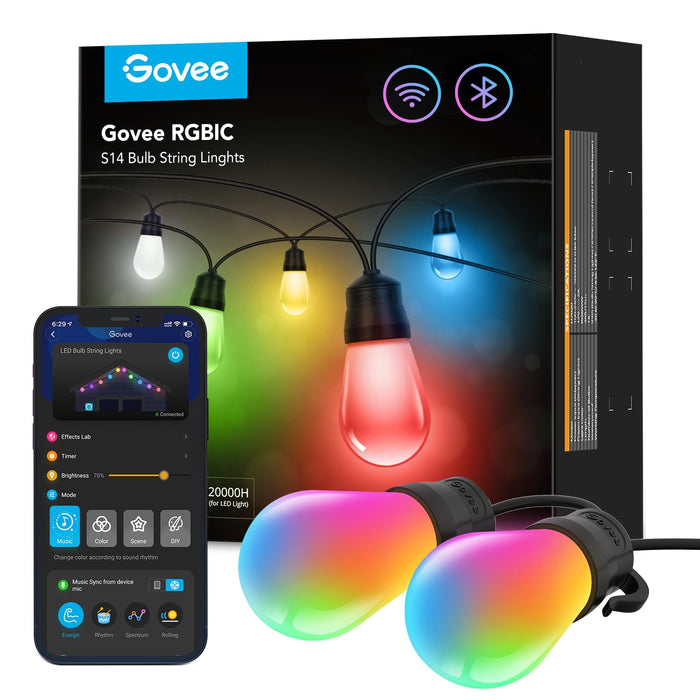 Govee Smart Outdoor String Lights H7020, RGBIC Warm White 48ft LED Bulbs for Halloween Decorations, Christmas, WiFi Patio Lights Work with Alexa, Google Assistant, APP Control, IP65 Waterproof