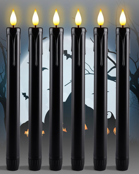 Homemory Black Flameless Taper Candles Flickering, NO Remote, 9.6 Inches Battery Operated, 6 Pcs Realistic Electric LED Candlesticks Made of Plastic for Halloween Party Home Decor