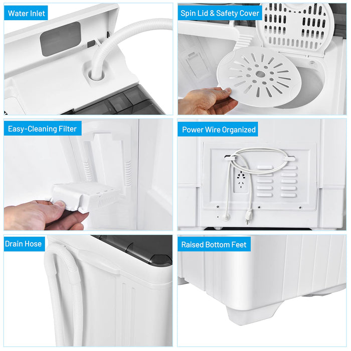Giantex Washing Machine Semi-automatic, Twin Tub Washer with Spin Dryer, 26lbs Capacity, Built-in Drain Pump, Portable Laundry Washer, Compact Washing Machine for Apartment, Dorm and RV (White+Gray)
