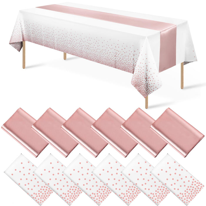 12 Pack Disposable Plastic Tablecloths and Satin Table Runner Set White and Rose Gold Dot Tablecloth Rose Gold Satin Table Runner for Wedding Birthday Baby Shower Anniversary Christmas New Year Party