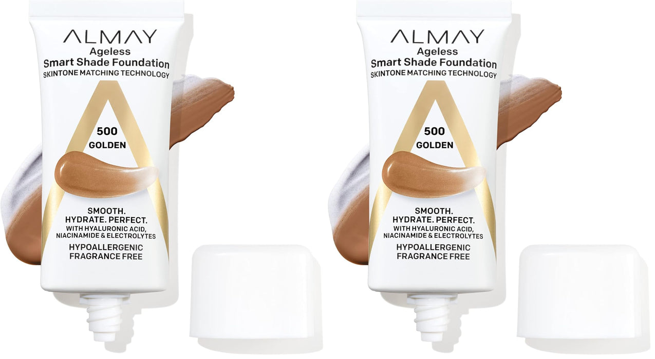 Almay Anti-Aging Foundation, Smart Shade Face Makeup with Hyaluronic Acid, Niacinamide, Vitamin C & E, Hypoallergenic-Fragrance Free, 500 Golden, 1 Fl Oz (Pack of 2)