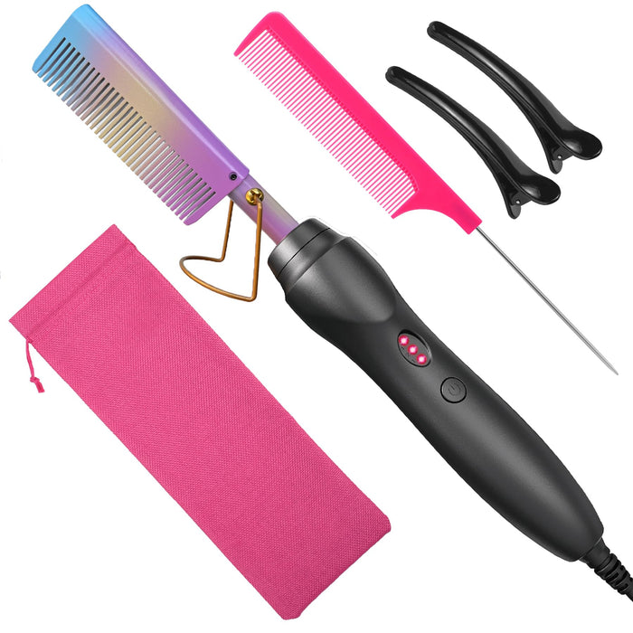 Hot Comb Hair Straightener Heat Pressing Combs - Ceramic Electric Hair Straightening Comb, Curling Iron for Natural Black Hair Beard Wigs Holiday Gift 5 In 1 - Rainbow
