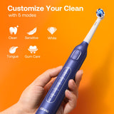 Bitvae R1 Rotating Electric Toothbrush with 8 Brush Heads for Adults and Kids, 60-Day Battery Life, 5 Modes Rechargeable Power Toothbrush with 2-Minute Smart Timer, Dark Blue