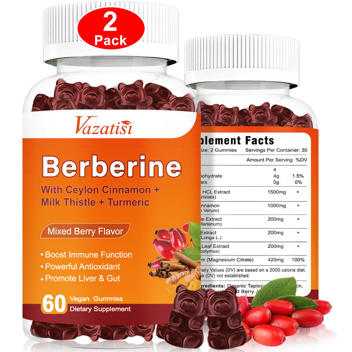 Vazatisi 2 Pack Berberine Gummies with Ceylon Cinnamon, Milk Thistle, Magnesium Glycinate Supplement for Women, Men & Kids, Organic & Sugar Free, 120ct