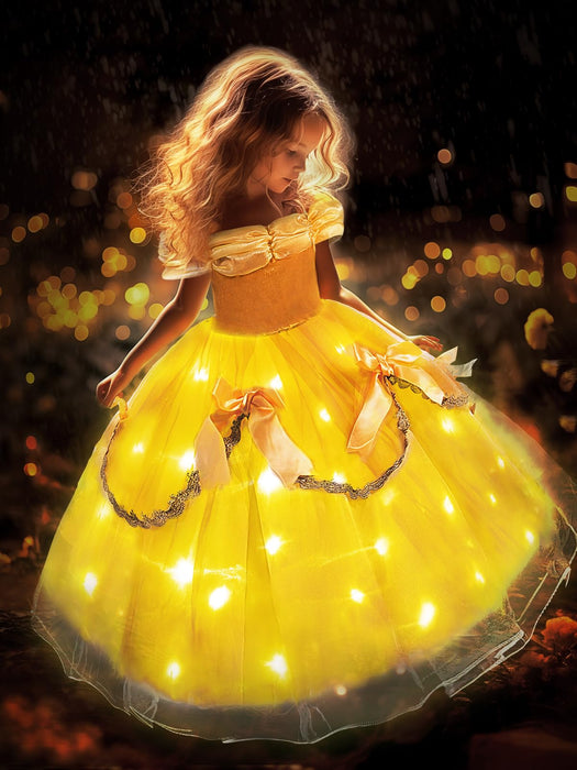 UPORPOR Light Up Princess Costume Belle Girls Halloween Dress Beauty Kids Outfit Dressing Up Clothes for Play Toddler Christmas Carnival Birthday Party Dancing Vestido Yellow Costume, 130