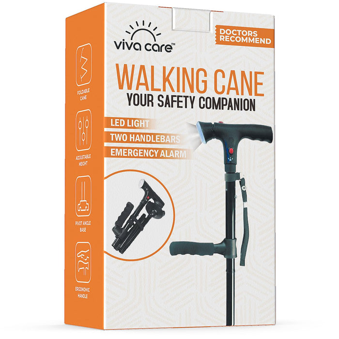 VIVA CARE Walking Cane with Light & Alarm - Foldable, Adjustable, Lightweight, for Balance & Stability for Adults, Seniors, & Injured. [Black]