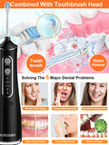 Cordless Water Flosser Teeth Cleaner, Dental Oral Irrigator Cleaning Cordless with Toothbrush, Tongue Scraper Travel Bag Waterproof 5 Jet Tips for Home Travel, (Black)