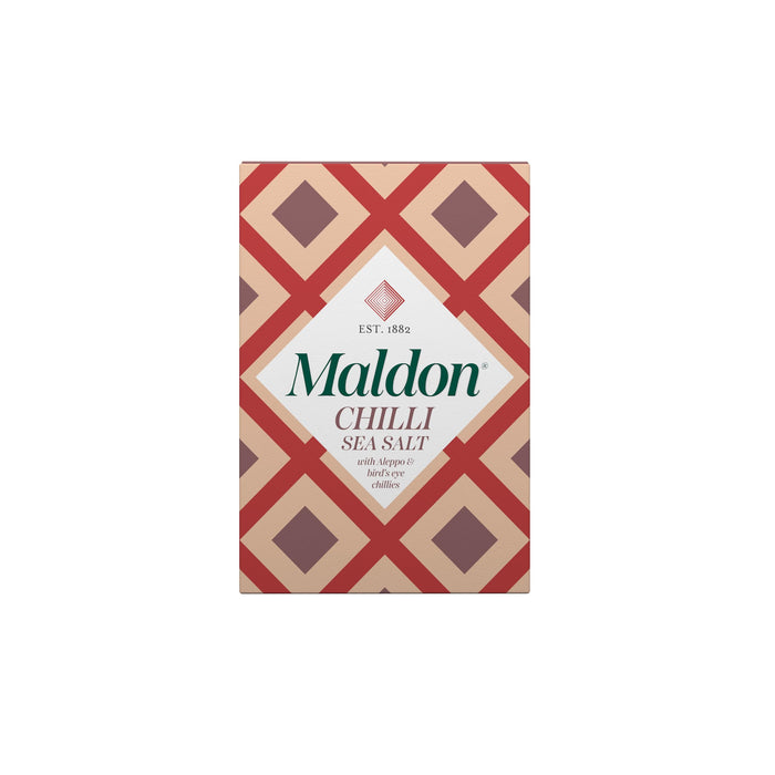 Maldon Chilli Sea Salt Flakes, Blended with Aleppo & Bird’s Eye Chillies - Take Simple Dishes to the Next Level - Fantastic Flavour - Unique Pyramid-Shaped Sea Salt Flakes - 100g Box