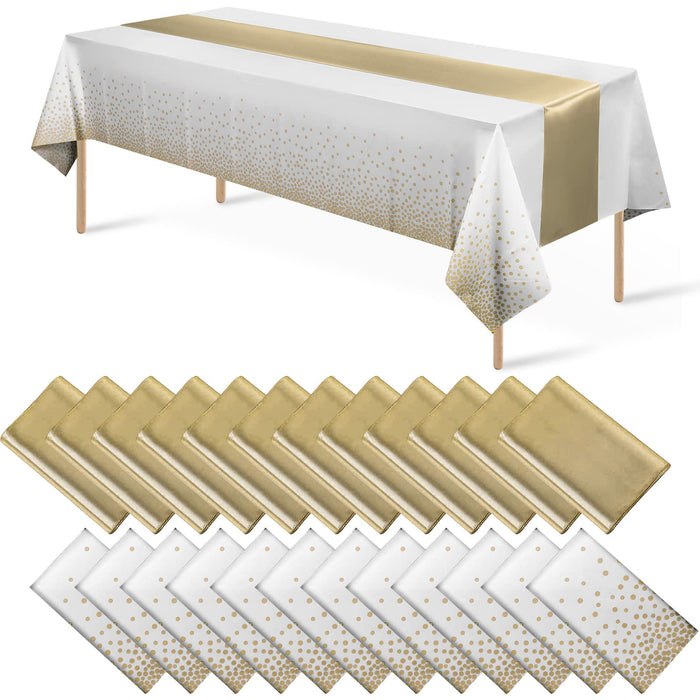 24Pack Disposable Plastic Tablecloths and Satin Table Runner Set White and Gold Dot Tablecloth Gold Satin Table Runner for Wedding Birthday Baby Shower Anniversary Christmas New Year Party Decorations