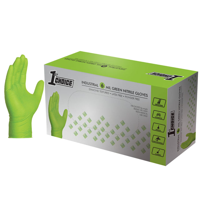 1st Choice 6 mil Mechanic Gloves, Nitrile Gloves Disposable Latex Free - Large Box of 100 Green Nitrile Disposable Gloves