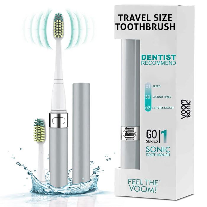 Voom Sonic Go 1 Series Travel Electric Toothbrush, Travel Toothbrushes - Battery Operated Toothbrush for Adults and Kids, Dentist Recommended Toothbrush, Portable with 2 Minute Timer (Silver)