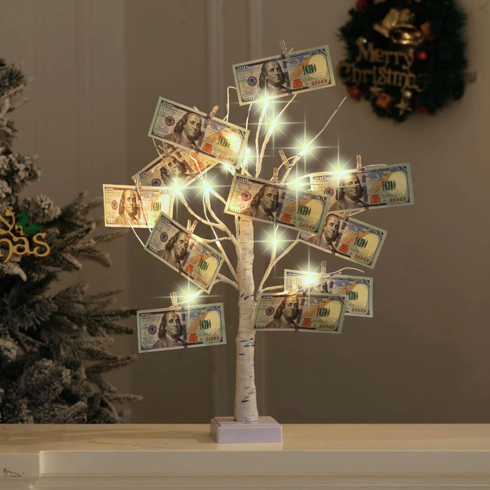 Money Tree Gift Card Holder 24 LED Birch Tree Lamp Battery/USB Powered