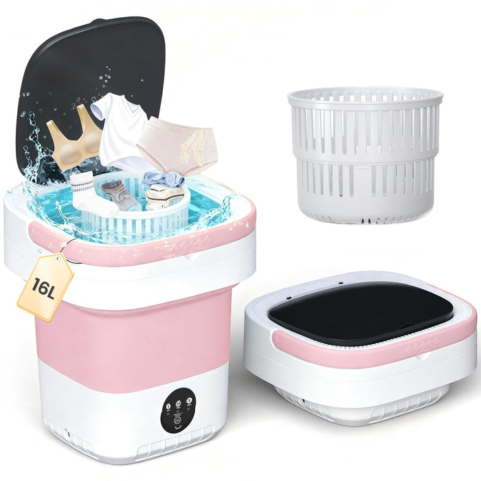 Portable Washing Machine - 16L Mini Foldable Washer with Spin Basket, 3 Cleaning Modes & Deep Cleaning for Small Clothes, Collapsible Laundry for Apartment, Home, Hotel and Travel (Pink)