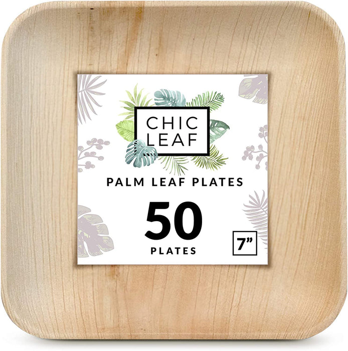 Chic Leaf Palm Leaf 100% Compostable & Disposable 7 Inch Square Plates- Leak-Proof Dinnerware Set- 50 Microwave & Oven Safe Bamboo Like Appetizer & Dessert Plates, Better than Paper & Plastic Plates