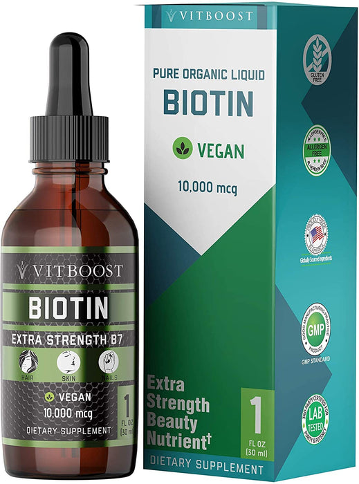 VITBOOST Extra Strength 10,000mcg Biotin Liquid Drops with Organic Berry Flavor | 60 Servings | Vegan Formula Supports Hair Growth, Strong Nails, Healthy Skin | NO Artificial Preservatives