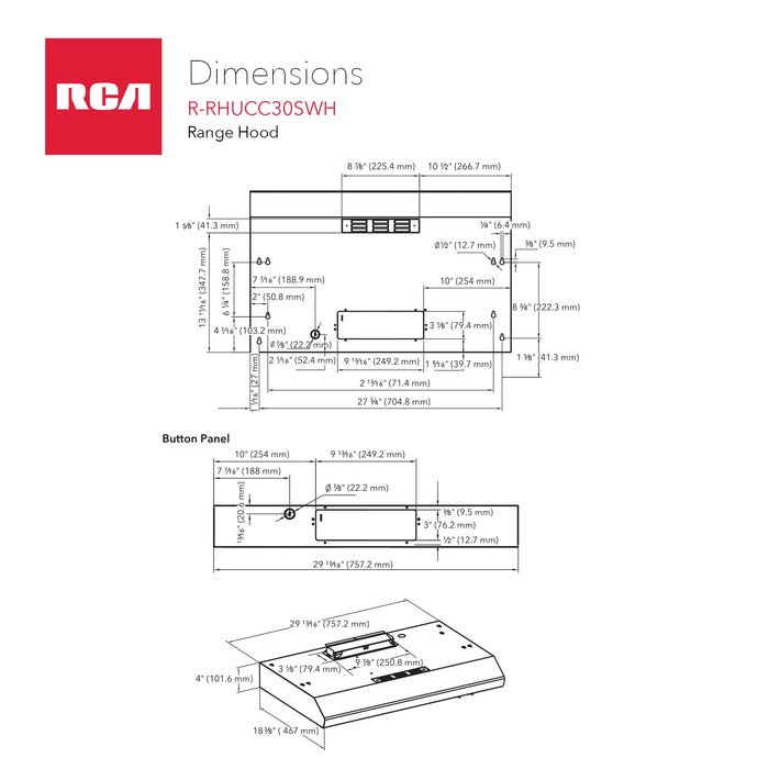 RCA R-RHUCC30SWH 30 in. Century Collection Ductless Under Cabinet Range Hood, Reusable Filter, Rocker Switch, Light, White
