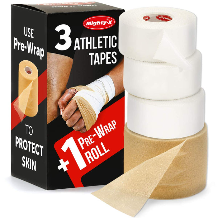 Premium White Athletic Tape for Injuries - 3pk + Pre-wrap - Easy Tear Zinc Oxide Tape - No Sticky Residue - Sports Athletic Tape - Soccer & Boxing Tape