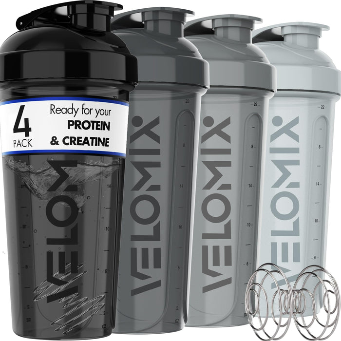 VELOMIX -4 PACK- 28 oz Protein Shaker Bottle for Protein Mixes - 4x Wire Whisk | Leak Proof Shaker Cups for Protein Shakes | Protein Shaker Bottle Pack | Protein Shake Cup