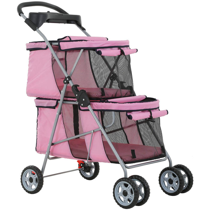 Dog Stroller Cat Pet Carriers for Small Medium Dogs Cats Travel Camping 4 Wheels Lightweight Folding Crate Stroller with Soft Pad (Pink)