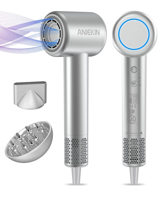 Hair Dryer, High-Speed Ionic Low Noise Blow Dryer for Fast Drying, Birthday Christmas Gifts for Women Men Mom Dad, Thermo-Control Quiet Compact Hair Blow Dryer for Travel Salon, Silver