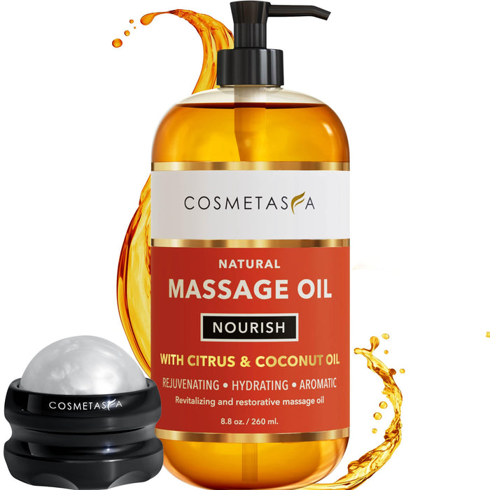 Natural Nourishing Massage Oil with Massage Roller Ball- Citrus & Coconut- Non Greasy, with Therapeutic Rejuvenating, Hydrating & Aromatic Essential Oils for Dry Skin, Soothes Muscles & Joints 8.8 oz