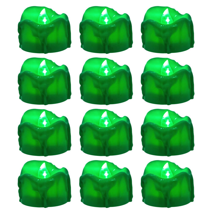 Windshell Green Flickering Flame Tealight Candles with 6H Timer (No Remote), Melting Design (Plastic), Battery Operated LED Flameless Tea Lights for Party, Wedding, Halloween and Christmas, Pack of 12