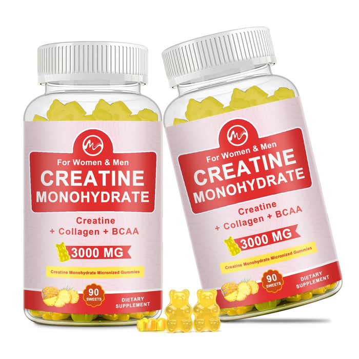 (2 Pack) Creatine Gummy, 3g of Creatine Monohydrate per Serving, Sugar Free Creatine Monohydrate Gummy for Muscle Growth and Strength with 0.5g Collagen, 0.2g BCAA, 30 Servings, Pineapple Flavor