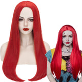 Red Sally Wig for Adult Women, 60 CM Long Straight Red Wig Middle Parting Synthetic Hair Wig+ Wig Cap for Halloween Christmas Sally Costume Party