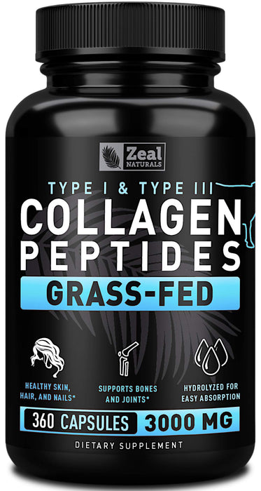 Zeal Naturals Collagen Peptides Collagen Pills (360 Capsules) Grass Fed Collagen Pepetide Powder - Hydrolyzed Collagen Powder for JointTendon SupplementHair Skin and Nails -