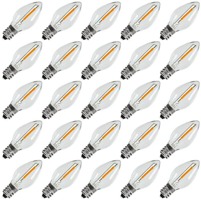 KGC 25Pack C7 LED Christmas Light Bulb, E12 Base Waterproof LED Bulbs for String Light, 0.6W 2200K Warm White 50LM, Clear Plastic Night Lights C7 LED Replacement Bulbs for Christmas String Lights.