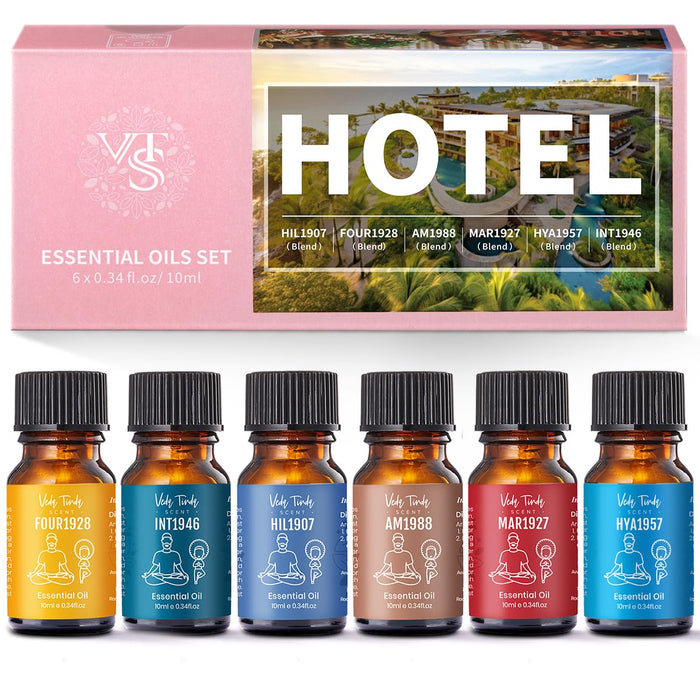 VTS Hotel Scent Essential Oils Set, Luxury Hotel Collection Diffuser Oil, Aromatherapy Gift Hotel Inspired Fragrance Oil Blends (6 x 10mL) for Waterless Diffusers for Home, Soap & Candle Making Scents