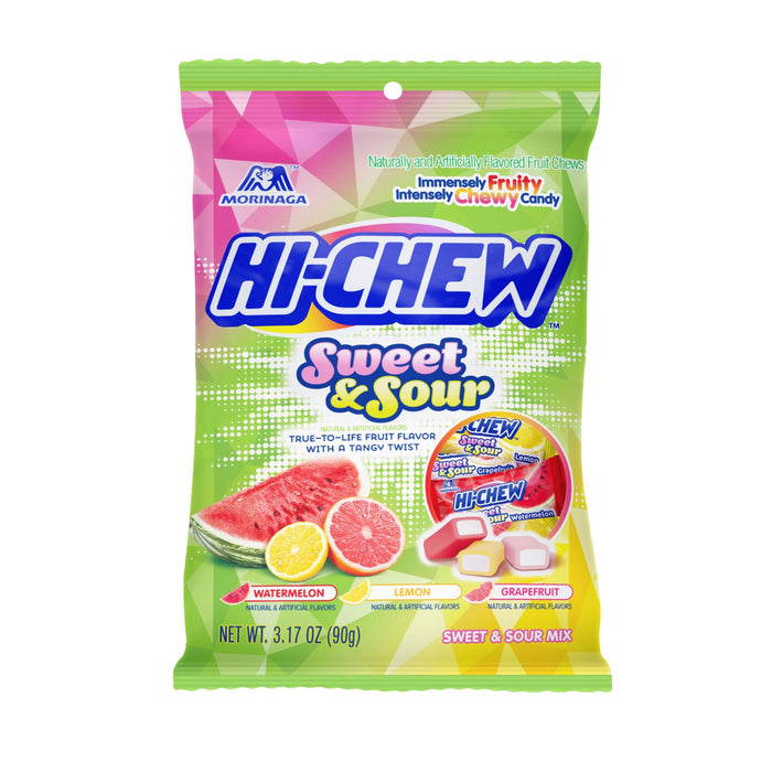 HI-CHEW Sweet & Sour Mix Candy, Pack of 6 Bags, 3.17oz each - Watermelon Lemon Grapefruit, Unique Fun Soft & Chewy, Immensely Juicy Fruity Candy Flavors, Individually Wrapped Halloween Candy