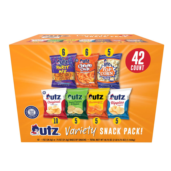 Utz Snack Variety Pack Individual Snacks, Includes Potato Chips, Cheese Curls, Popcorn, and Party Mix, Crunchy Travel Snacks for Lunches, Vending Machines, and Enjoying on the Go (Pack of 42)